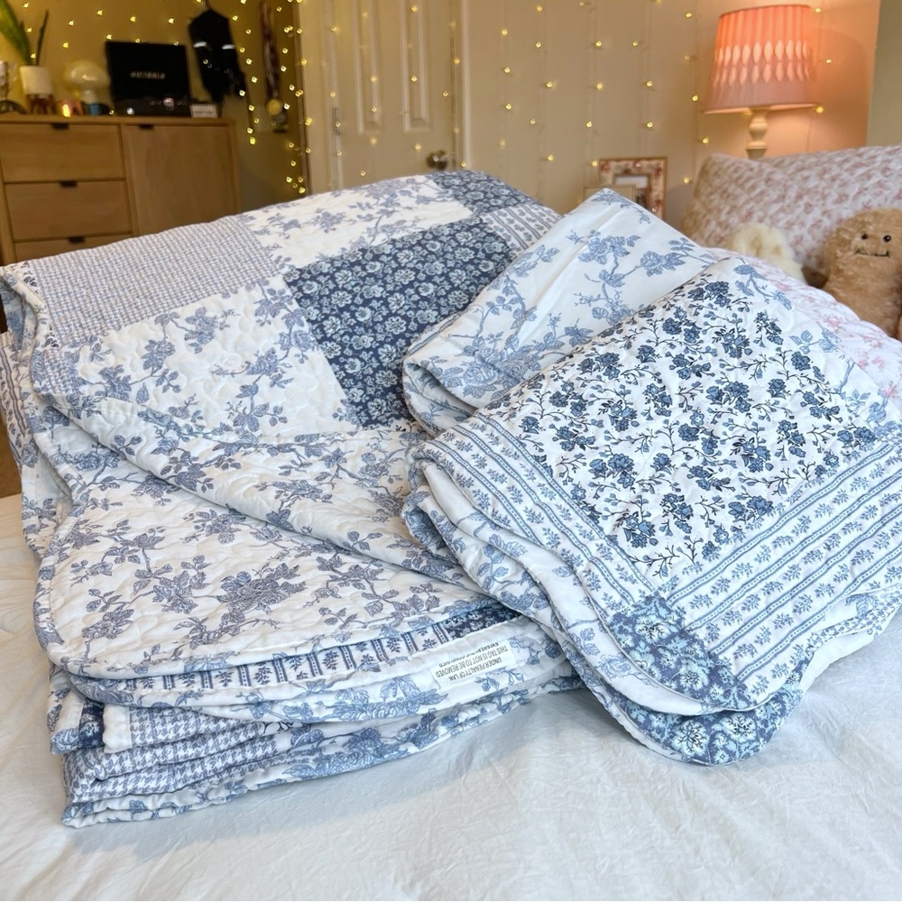 Vintage King Reversible Blue & White Floral Patchwork Quilt Comforter Shams Set - Picture 5 of 7